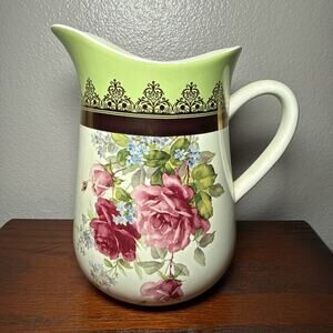 Hallmark Floral Porcelain Pitcher Roses Green Gold Trim Cottage Decor